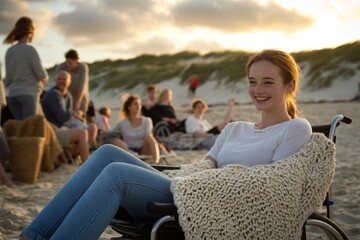 Fototapeta premium On summer vacation, a happy, candid disabled woman is relaxing at the beach in a wheelchair