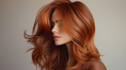 Fototapeta premium A young woman poses gracefully, highlighting her flowing red hair that cascades elegantly around her shoulders.