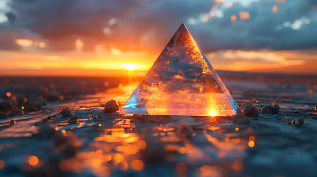 A realistic shot of a glassy 3D pyramid on a textured wooden surface, with shadows cast by a low-angle sunset