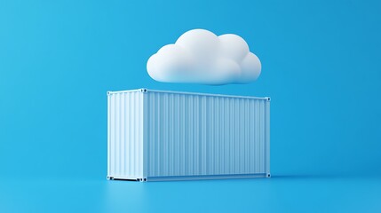 Shipping container under a cloud on blue background, symbolizing cloud computing and data storage, minimalistic and modern design.