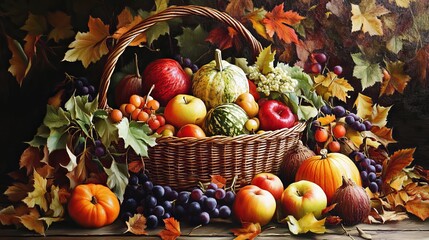 A bounty of autumn's harvest, ripe fruits nestled within a rustic wicker basket, a vibrant tapestry of colors and textures.