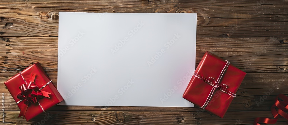 Canvas Prints sheet of paper on a wooden table alongside a red gift red present. Copy space image. Place for adding text and design