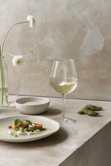 Wine and Gourmet Plate on Minimalist Dining Table