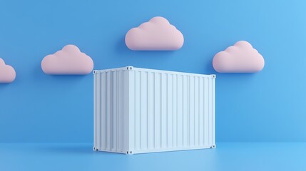 Surreal image of a white shipping container in a blue environment with pink clouds, blending industrial and whimsical elements.