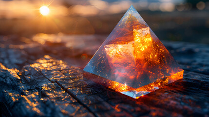 A realistic shot of a glassy 3D pyramid on a textured wooden surface, with shadows cast by a low-angle sunset
