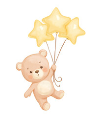Cute baby bear flying with balloons. Watercolor funny drawing for kids, childish poster