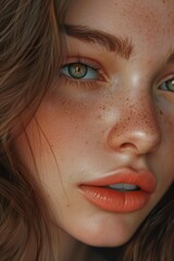Close-up portrait of young woman with freckles