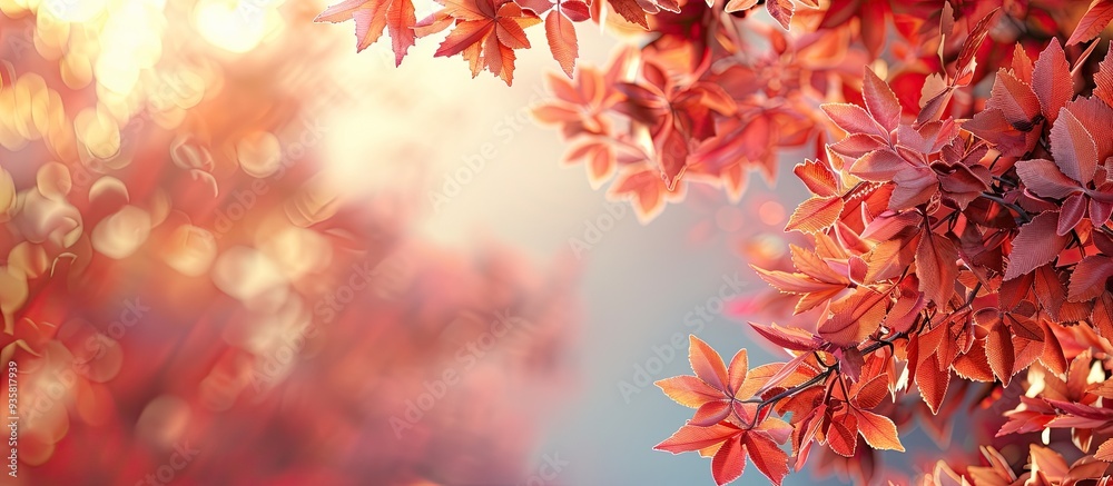 Poster crown of a tree featuring the initial autumn leaves background with selective focus and copyspace fo