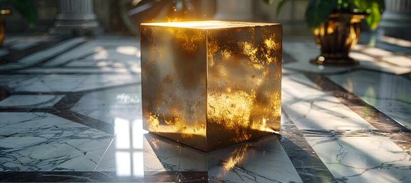 A realistic shot of a metallic 3D cube casting shadows on a polished marble floor