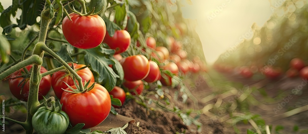 Poster Tomato field landscape within a vinyl house. Copy space image. Place for adding text and design