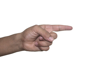 A close-up of a human hand pointing to the right. The hand is in focus, while the background is a solid white color.