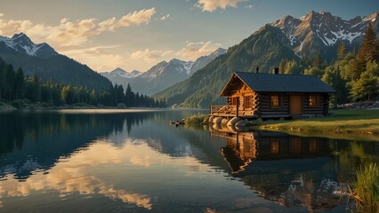 Fototapeta premium A rustic, log cabin surrounded by towering mountains and a serene lake, perfect for a peaceful getaway.