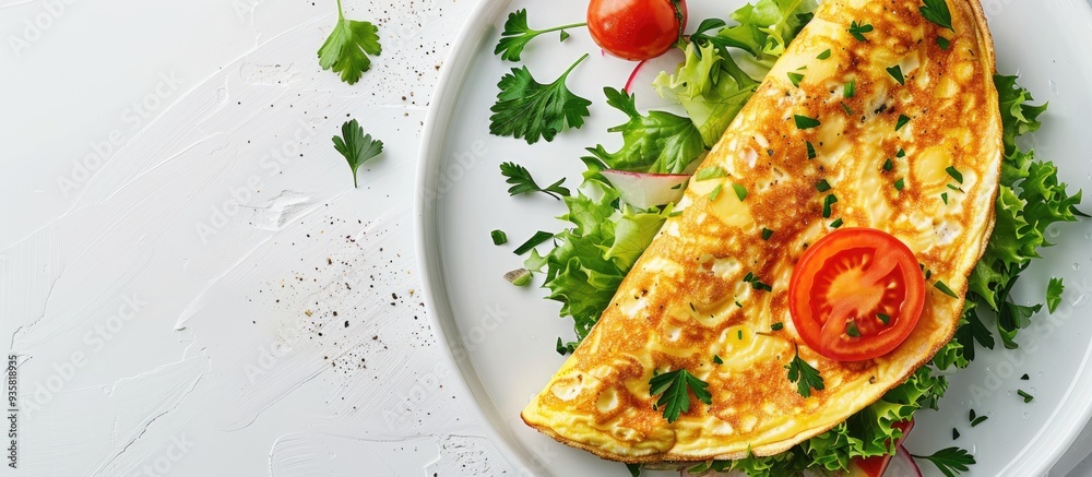 Wall mural Herb omelet with tomato salad and parsley Breakfast. Copy space image. Place for adding text and design