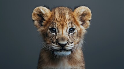 Fototapeta premium Close-up portrait of a cute baby lion cub with fluffy golden fur looking directly forward against a solid dark gray studio background.