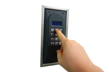 The man enters the code into the intercom to open the door photo. On isolated transparent background.
