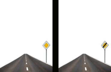 Road and signs - priority road beginning or continuation and end of the road with priority. On isolated transparent background.