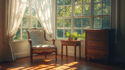peaceful room filled with sunlight, featuring a vintage chair, an antique table and a classic chest with light streaming through big windows, casting soft shadows