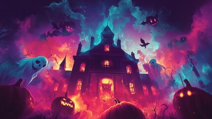 Haunted House Experience Banner with Glowing Jack-O'-Lanterns, Ghosts, and Bats in a Colorful Night Sky