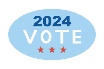 Vote 2024. Blue oval with the words vote 2024 and red stars. Element for election themed design. Isolated vector illustration.