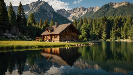 Fototapeta premium A rustic, log cabin surrounded by towering mountains and a serene lake, perfect for a peaceful getaway.