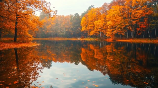 Golden leaves reflected in still lake waters create a serene autumn landscape.