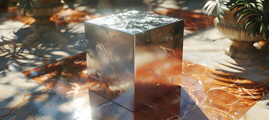 A realistic shot of a metallic 3D cube casting shadows on a polished marble floor