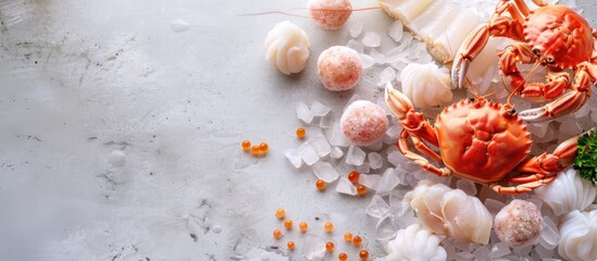 Asian food ingredient frozen crab and fish balls. Copy space image. Place for adding text and design