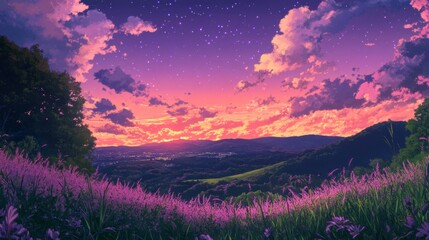 A meadow at dusk, with the sky ablaze 