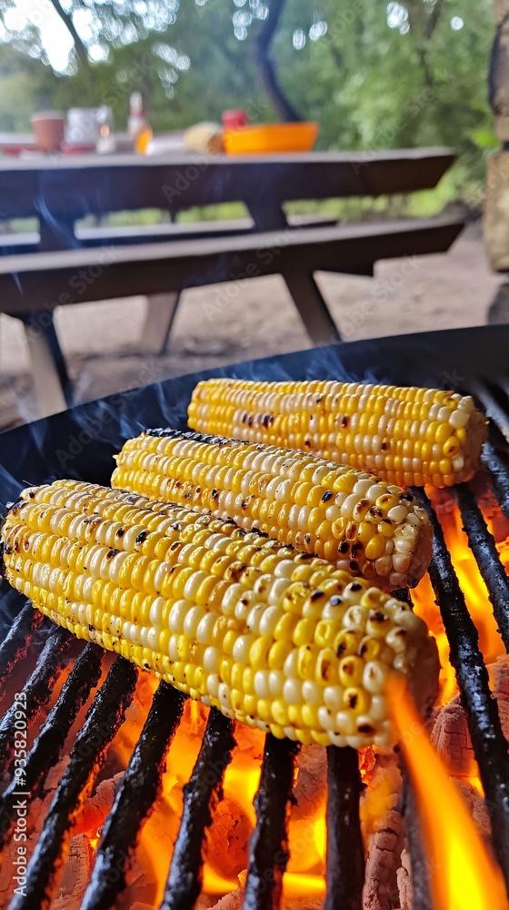 Sticker three corn on the cob grilling over hot coals on a barbecue grill.