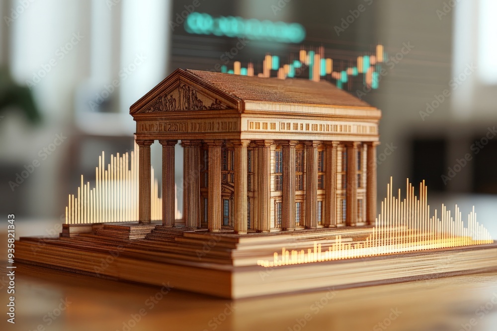Poster a wooden model of a bank placed on a reflective surface, surrounded by graphical representations of 