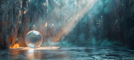 A realistic shot of a textured stone wall with a translucent 3D sphere hovering in front, under natural light