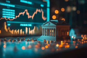 A detailed model of a classic bank, illuminated with warm light bokeh in the background, paired with animated stock data charts, a blend of tradition and modern financial dynamism.