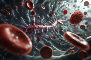 A close-up visualization of a bacteria traversing through a fluid environment surrounded by red blood cells, highlighting the interaction of pathogens with the human body.