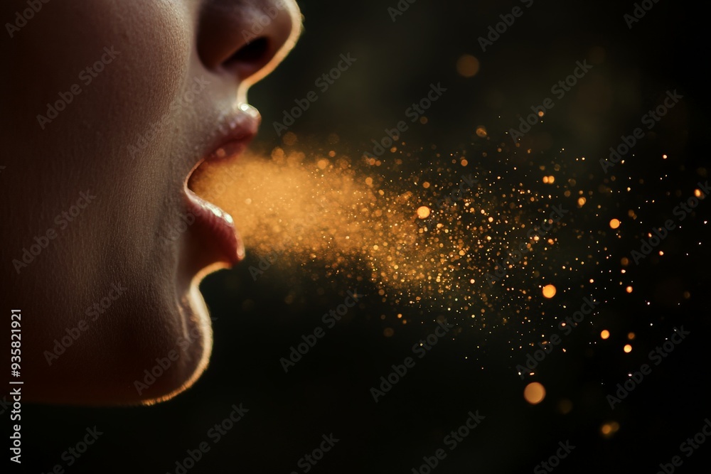 Poster Artistic close-up photograph capturing light particles being emitted into a dark background, showcasing an elegant and abstract interplay of light and darkness, creating a dynamic scene.
