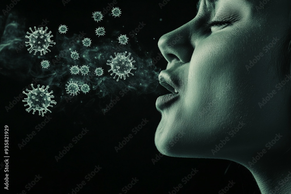 Poster digital illustration depicting viruses spreading through the air, highlighting their structure and t