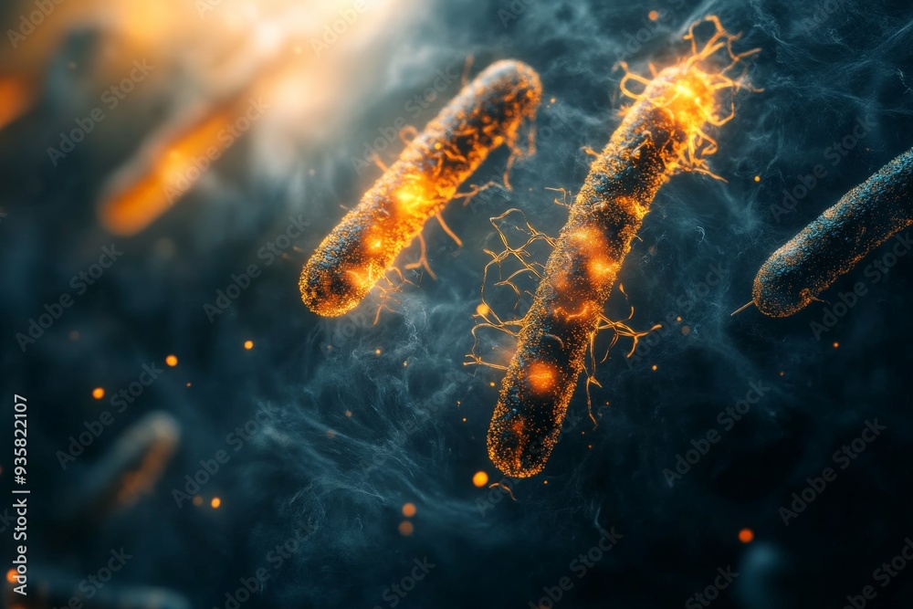 Poster this image captures glowing microscopic rods in a dark environment, highlighting the intricate detai
