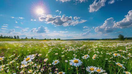 cosmos flower.Natural colorful panoramic landscape with many wild flowers of daisies against blue sky.Close up flowers blooming on softness style in spring summer under sunrise.