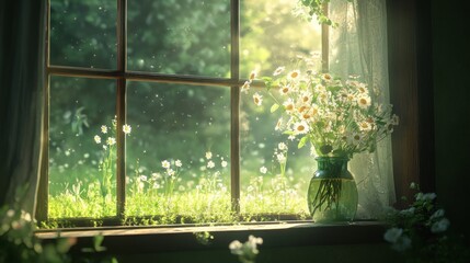 Sunlit Windowsill with Wildflowers: A picturesque windowsill  