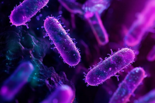 Highly magnified purple bacteria in a vivid context, showcasing their intricate structures and role in scientific studies, health, and medical research.