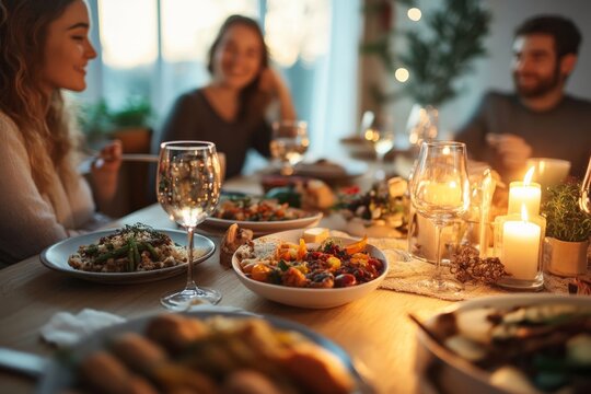 A group of friends is enjoying a warm and cozy dinner together, sharing food and stories around a table decorated with candles, creating a friendly atmosphere.