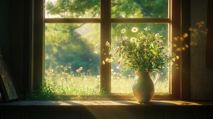 Sunlit Windowsill with Wildflowers: A picturesque windowsill  
