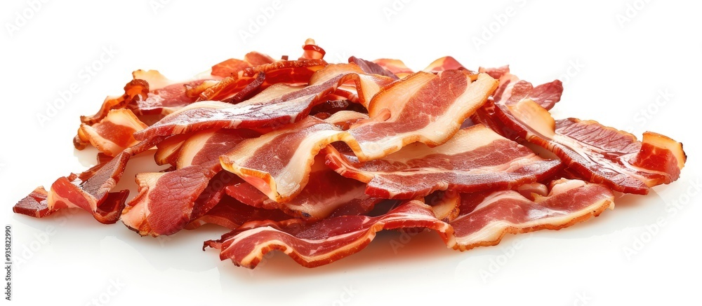 Sticker Slide of raw pork on a white background bacon strips. Copy space image. Place for adding text and design