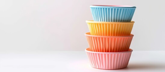 Multicolored empty paper baking cups on a white backdrop with copyspace