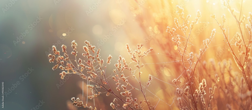 Canvas Prints Autumn abstract background featuring a dry plant at sunrise with a web in a vintage retro style. Copy space image. Place for adding text and design