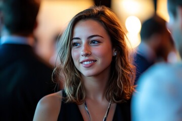 Fototapeta premium A woman is at an event, smiling and looking engaged, surrounded by other attendees in a well-lit environment, enjoying the social atmosphere and conversations.
