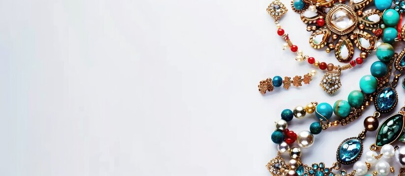 Traditional imitation jewelry and accessories on a white background. Copy space image. Place for adding text and design