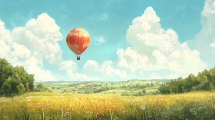 Obraz premium Soaring Dreams: A hot air balloon glides over a sun-drenched meadow 
