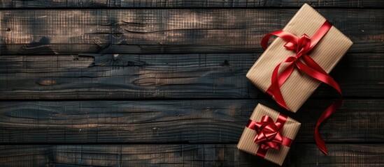 Obraz premium Gifts tied with a red ribbon on a wooden table Vintage gift box on a wooden surface with space for text. Copy space image. Place for adding text and design