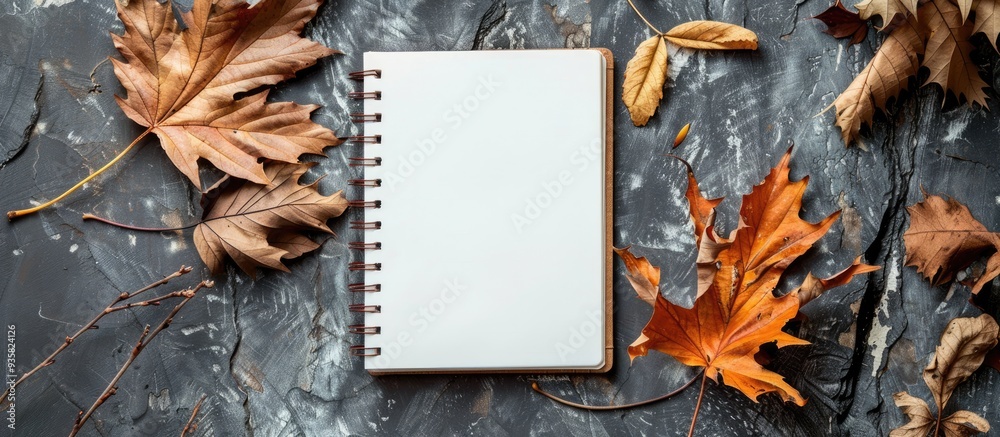 Poster Autumn artistic arrangement featuring leaves and a notebook Blank notepad mockup accompanied by dried leaves on a solitary grey backdrop Fall theme Autumn backdrop Flat lay top view copyspace