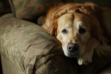 Obraz premium Golden Retriever Resting on Sofa - Cozy Living Room Decor